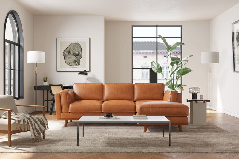Valencia Artisan Top Grain Leather Three Seats with Right Chaise Sofa, Cognac