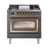 ILVE Nostalgie II Noblesse 36-Inch Propane Gas Dual Fuel Range and Triple Glass Door in Matte Graphite with Brass Trim (UN36FNMPMGGLP)