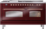 ILVE Nostalgie II 60-Inch Natural Gas Dual Fuel Range with 7 Burners, Griddle, & French Top with Triple Glass Door Oven in Burgundy with Copper Trim (UP60FSNMPBUP)
