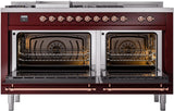 ILVE Nostalgie II 60-Inch Natural Gas Dual Fuel Range with 7 Burners, Griddle, & French Top with Triple Glass Door Oven in Burgundy with Copper Trim (UP60FSNMPBUP)