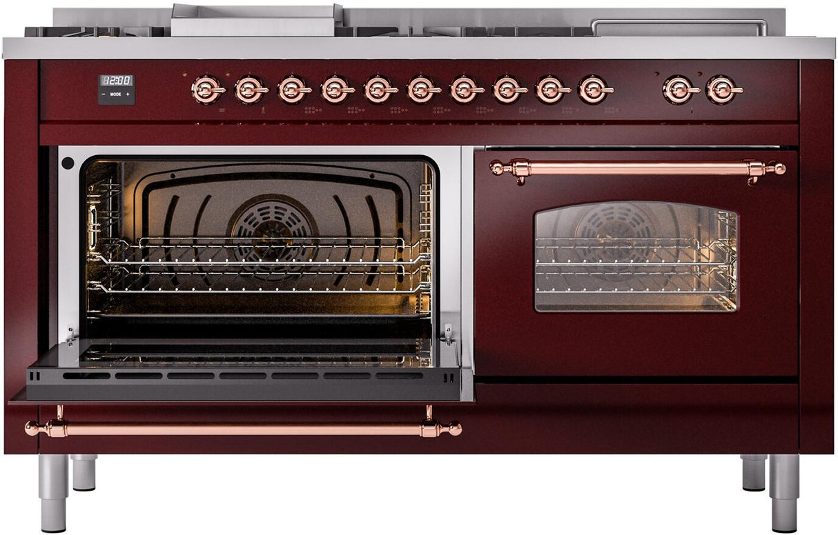 ILVE Nostalgie II 60-Inch Propane Gas Dual Fuel Range with 7 Burners, Griddle, & French Top with Triple Glass Door Oven in Burgundy with Copper Trim (UP60FSNMPBUPLP)