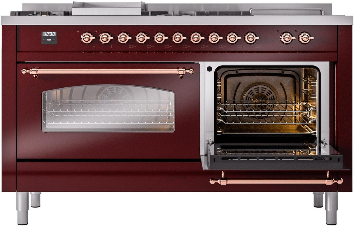 ILVE Nostalgie II 60-Inch Natural Gas Dual Fuel Range with 7 Burners, Griddle, & French Top with Triple Glass Door Oven in Burgundy with Copper Trim (UP60FSNMPBUP)