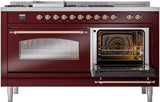 ILVE Nostalgie II 60-Inch Natural Gas Dual Fuel Range with 7 Burners, Griddle, & French Top with Triple Glass Door Oven in Burgundy with Copper Trim (UP60FSNMPBUP)