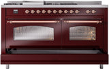 ILVE Nostalgie II 60-Inch Propane Gas Dual Fuel Range with 7 Burners, Griddle, & French Top with Triple Glass Door Oven in Burgundy with Copper Trim (UP60FSNMPBUPLP)
