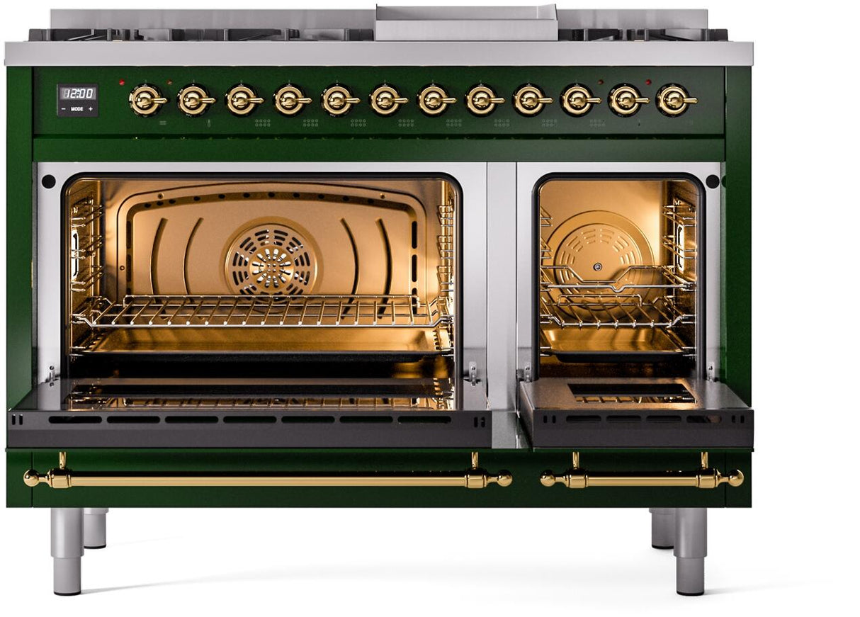ILVE Nostalgie II 48-Inch Freestanding Natural Gas Dual Fuel Range in Emerald Green with Brass Trim (UP48FNMPEGG)