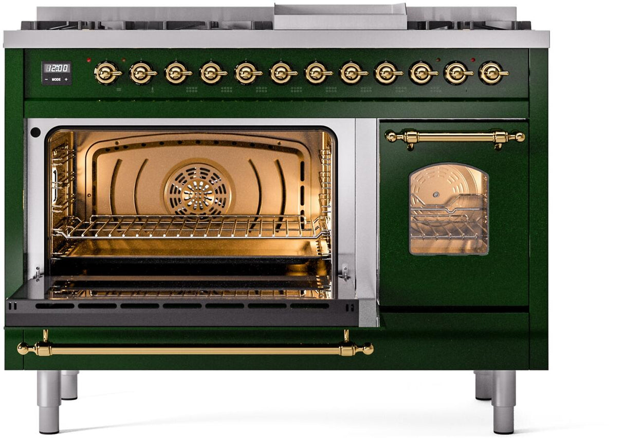 ILVE Nostalgie II 48-Inch Freestanding Natural Gas Dual Fuel Range in Emerald Green with Brass Trim (UP48FNMPEGG)