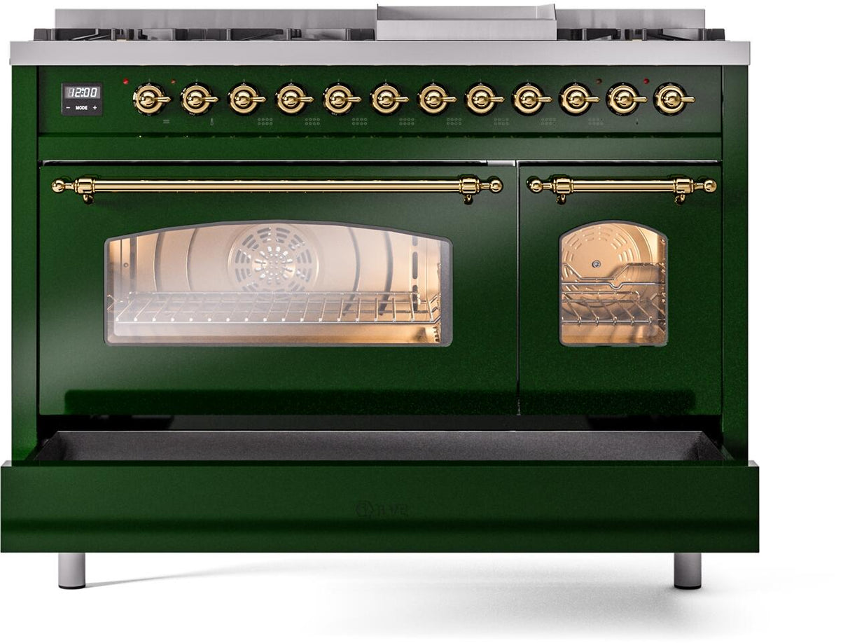 ILVE Nostalgie II 48-Inch Freestanding Natural Gas Dual Fuel Range in Emerald Green with Brass Trim (UP48FNMPEGG)