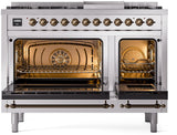 ILVE Nostalgie II 48-Inch Freestanding Natural Gas Dual Fuel Range in Stainless Steel with Bronze Trim (UP48FNMPSSB)