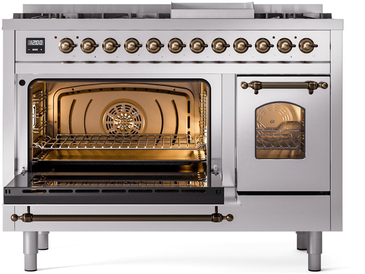 ILVE Nostalgie II 48-Inch Freestanding Natural Gas Dual Fuel Range in Stainless Steel with Bronze Trim (UP48FNMPSSB)