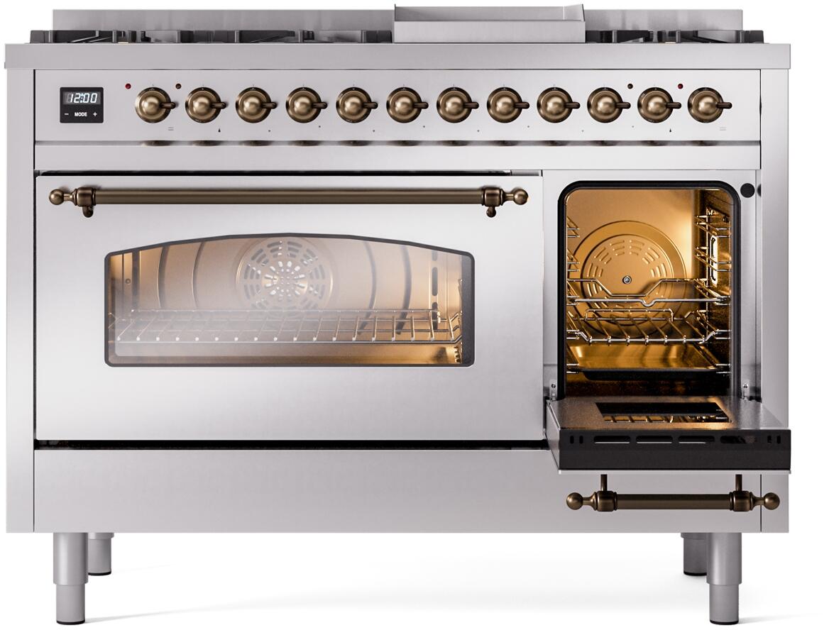 ILVE Nostalgie II 48-Inch Freestanding Natural Gas Dual Fuel Range in Stainless Steel with Bronze Trim (UP48FNMPSSB)