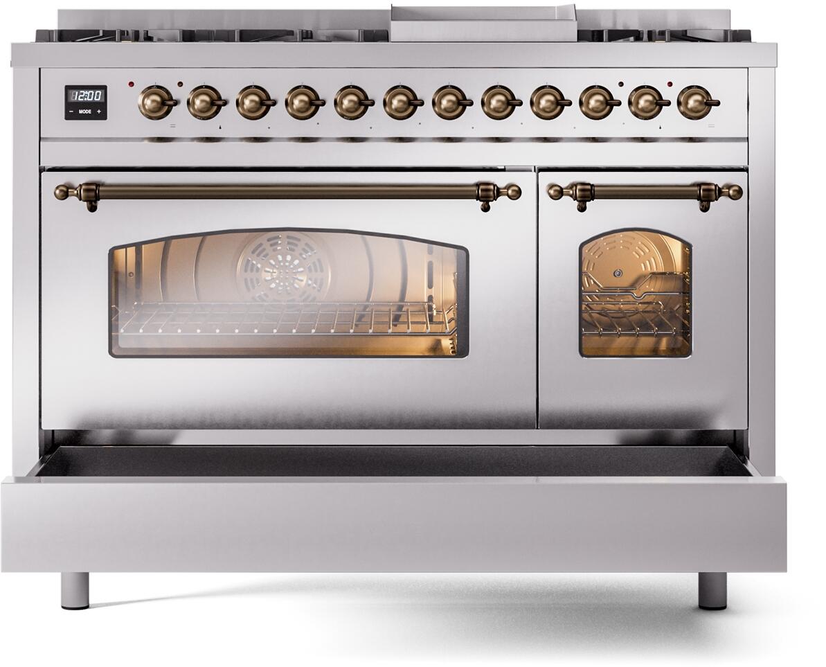 ILVE Nostalgie II 48-Inch Freestanding Natural Gas Dual Fuel Range in Stainless Steel with Bronze Trim (UP48FNMPSSB)
