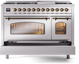 ILVE Nostalgie II 48-Inch Freestanding Natural Gas Dual Fuel Range in Stainless Steel with Bronze Trim (UP48FNMPSSB)