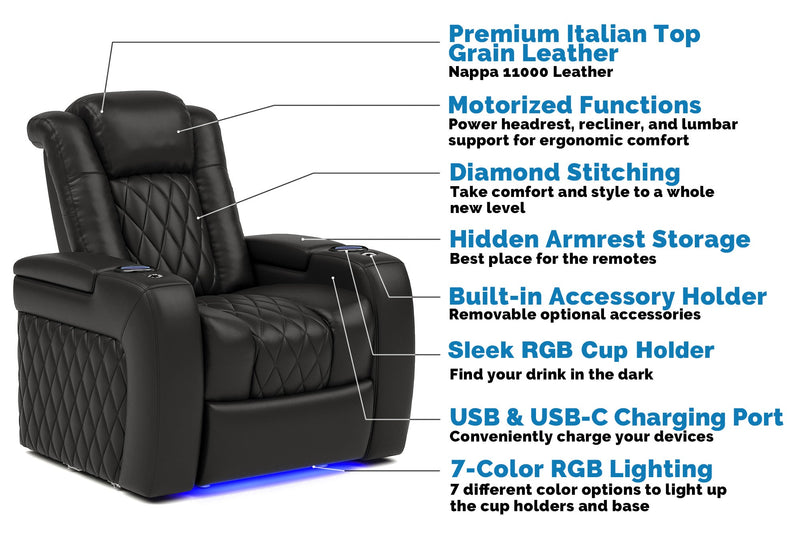 Valencia 2025 New Tuscany Leather Home Theater Seating Row of 4 Loveseat Left, Midnight Black