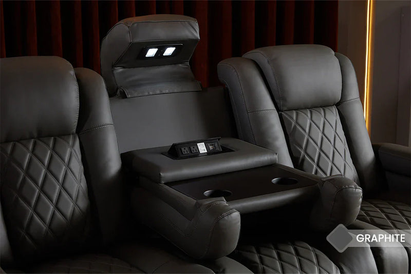 Valencia Tuscany Luxury Console Leather Home Theater Seating Row of 3 Dropdown Center, Graphite