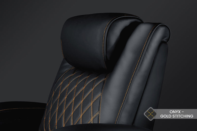 Valencia 2025 New Oslo Ultimate Luxury Leather Home Theater Seating Row of 2, Onyx with Gold Stitching