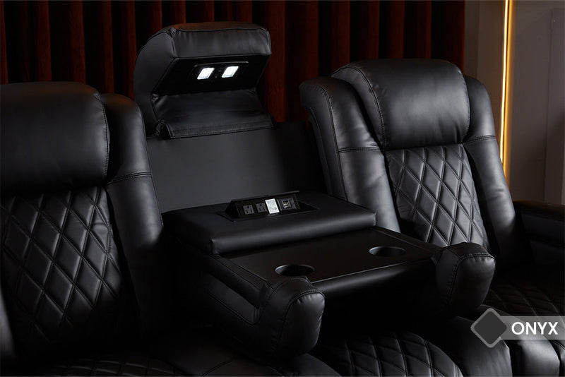 Valencia Tuscany Luxury Console Leather Home Theater Seating Row of 3 Dropdown Center, Onyx
