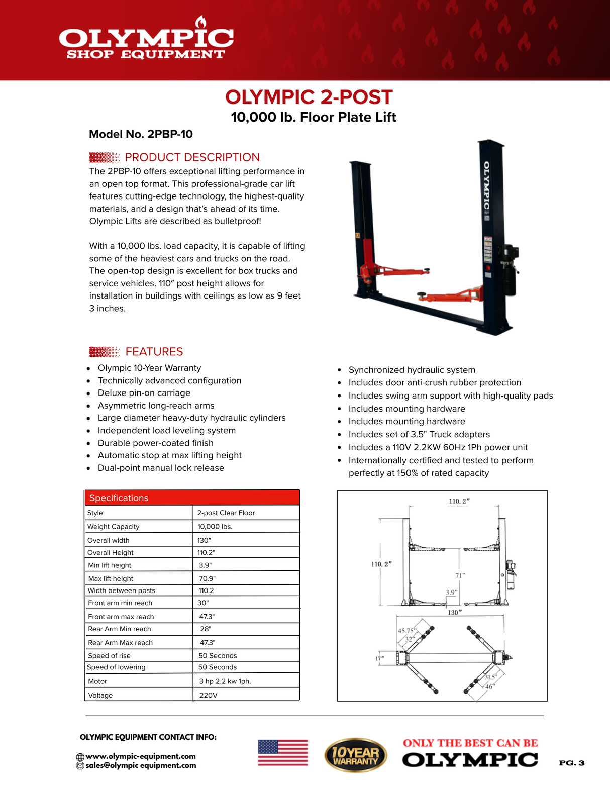 Olympic 2PBP-10 10,000‐lb. Base Plate Two Post Lift