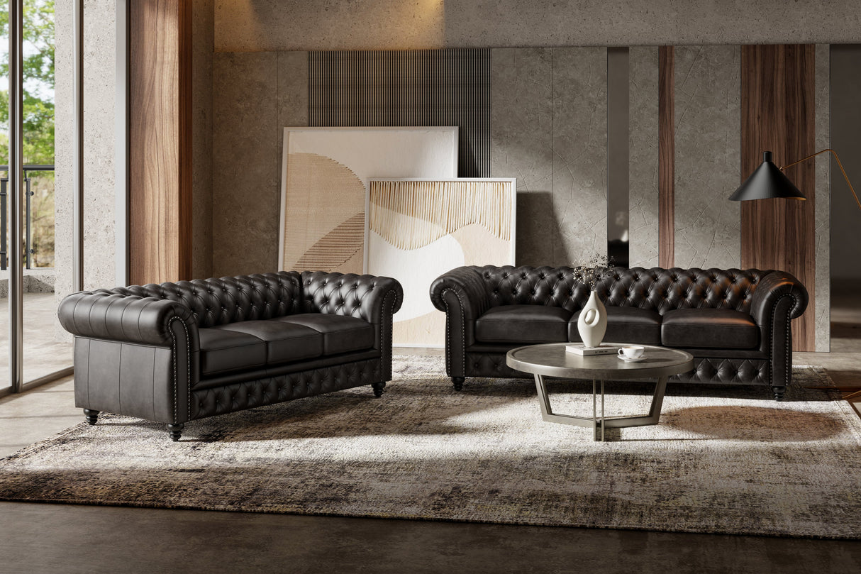 Valencia Parma 92" Full Aniline Leather Chesterfield Three Seats Sofa, Black