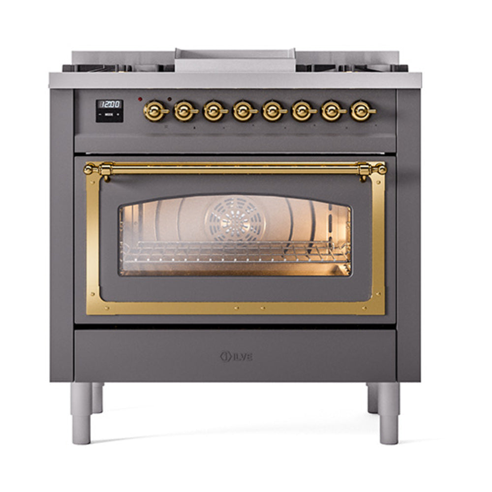 ILVE Nostalgie II Noblesse 36-Inch Natural Gas Dual Fuel Range and Triple Glass Door in Matte Graphite with Brass Trim (UN36FNMPMGG)