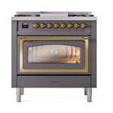 ILVE Nostalgie II Noblesse 36-Inch Propane Gas Dual Fuel Range and Triple Glass Door in Matte Graphite with Brass Trim (UN36FNMPMGGLP)