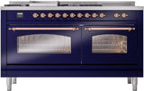 ILVE Nostalgie II 60-Inch Propane Gas Dual Fuel Range with 7 Burners, Griddle, & French Top with Triple Glass Door Oven in Midnight Blue with Copper Trim (UP60FSNMPMBPLP)