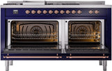 ILVE Nostalgie II 60-Inch Natural Gas Dual Fuel Range with 7 Burners, Griddle, & French Top with Triple Glass Door Oven in Midnight Blue with Copper Trim (UP60FSNMPMBP)