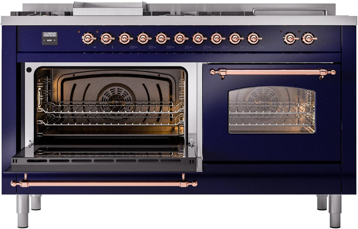 ILVE Nostalgie II 60-Inch Propane Gas Dual Fuel Range with 7 Burners, Griddle, & French Top with Triple Glass Door Oven in Midnight Blue with Copper Trim (UP60FSNMPMBPLP)