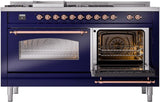 ILVE Nostalgie II 60-Inch Natural Gas Dual Fuel Range with 7 Burners, Griddle, & French Top with Triple Glass Door Oven in Midnight Blue with Copper Trim (UP60FSNMPMBP)