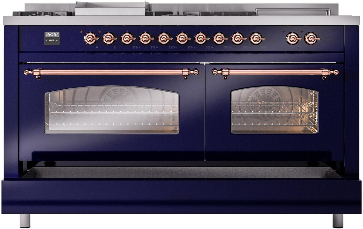 ILVE Nostalgie II 60-Inch Natural Gas Dual Fuel Range with 7 Burners, Griddle, & French Top with Triple Glass Door Oven in Midnight Blue with Copper Trim (UP60FSNMPMBP)