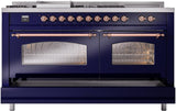 ILVE Nostalgie II 60-Inch Natural Gas Dual Fuel Range with 7 Burners, Griddle, & French Top with Triple Glass Door Oven in Midnight Blue with Copper Trim (UP60FSNMPMBP)