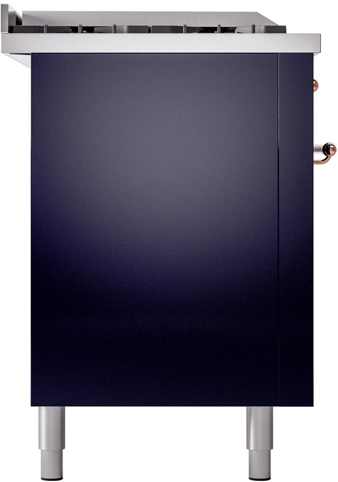 ILVE Nostalgie II 60-Inch Natural Gas Dual Fuel Range with 7 Burners, Griddle, & French Top with Triple Glass Door Oven in Midnight Blue with Copper Trim (UP60FSNMPMBP)