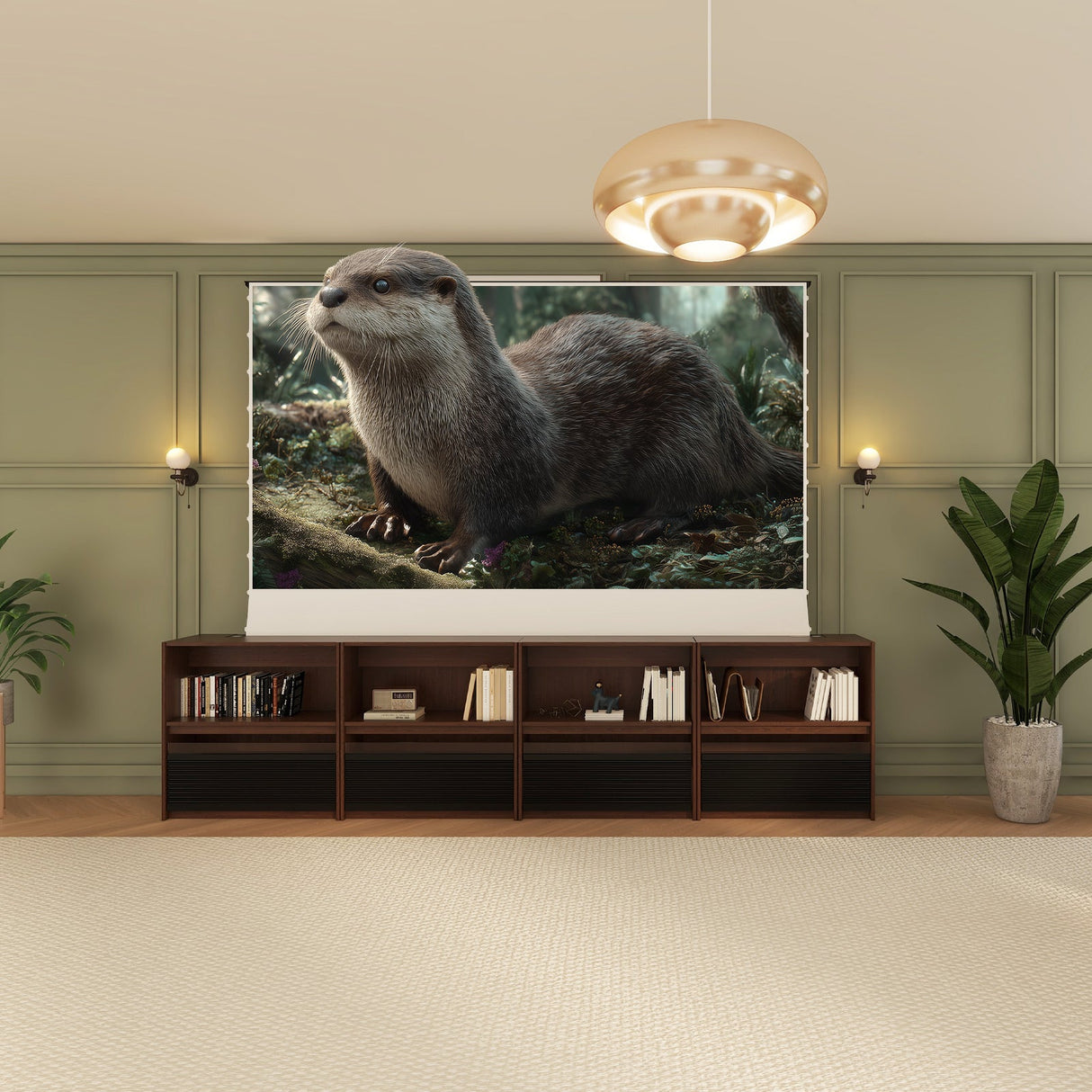 Bundle VIVIDSTORM Nexus Motorized Projector Screen Integrated Shelving Unit & S White Cinema/S ALR Motorized Tension Floor Rising Obsidian Long Throw ALR Projector screen