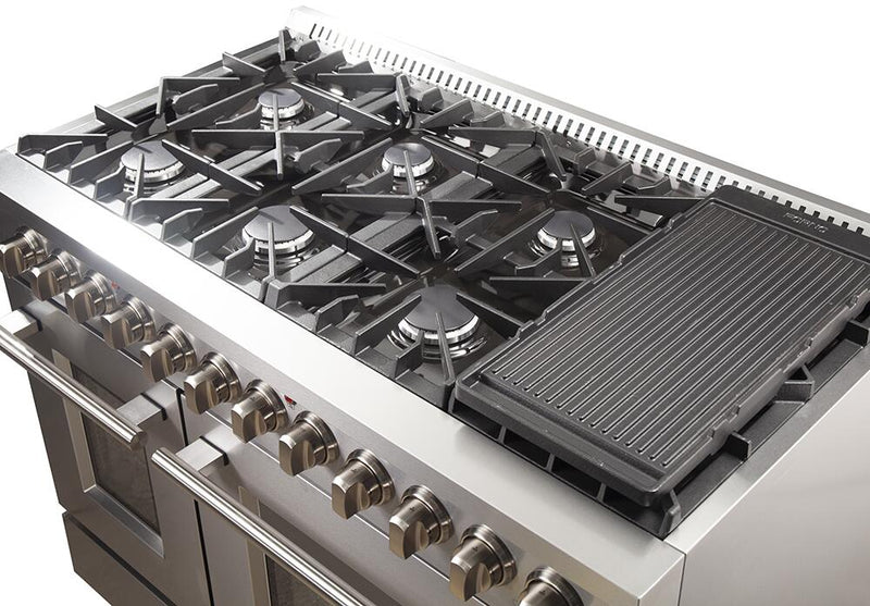 FORNO Appliance Package - 48 Inch Dual Fuel Range, Wall Mount Range Hood, Microwave Drawer, AP-FFSGS6156-48-3