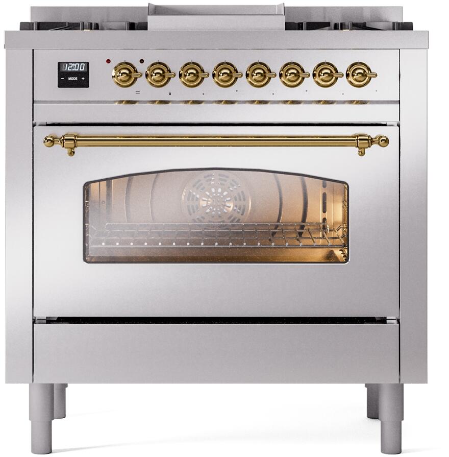 ILVE Nostalgie II 36-Inch Freestanding Natural Gas Dual Fuel Range in Stainless Steel with Brass Trim (UP36FNMPSSG)