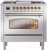 ILVE Nostalgie II 36-Inch Freestanding Natural Gas Dual Fuel Range in Stainless Steel with Brass Trim (UP36FNMPSSG)