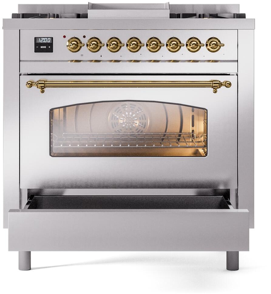 ILVE Nostalgie II 36-Inch Freestanding Natural Gas Dual Fuel Range in Stainless Steel with Brass Trim (UP36FNMPSSG)