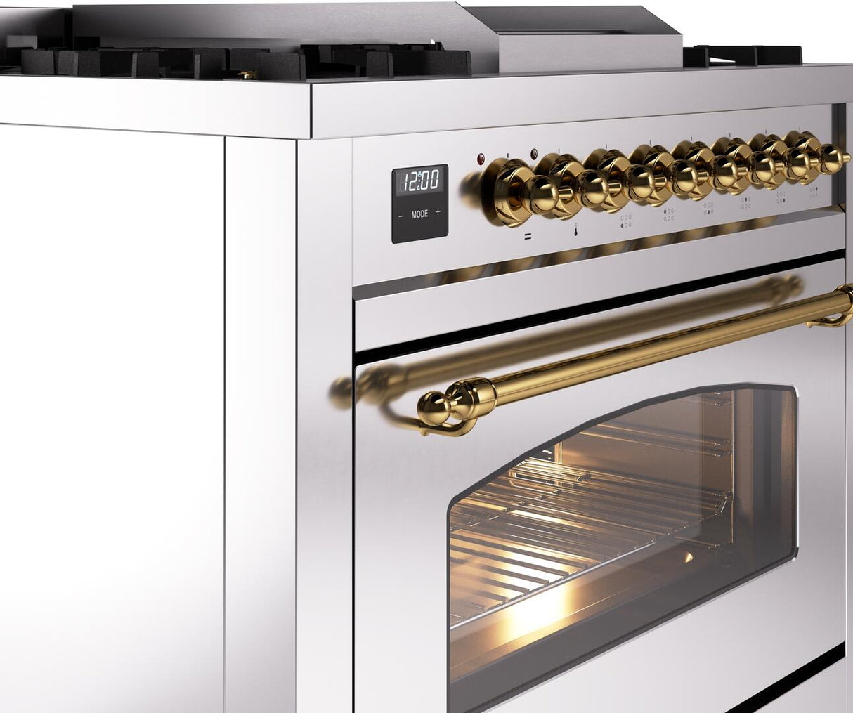 ILVE Nostalgie II 36-Inch Freestanding Natural Gas Dual Fuel Range in Stainless Steel with Brass Trim (UP36FNMPSSG)