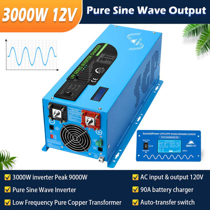 Sungold power off grid solar kit 3000W inverter 12VDC 120V output lifePO4 battery 600 watt solar back up sgk-pro3