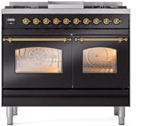 ILVE Nostalgie II 40-Inch Dual Fuel Freestanding Range in Glossy Black with Brass Trim (UPD40FNMPBKGLP)