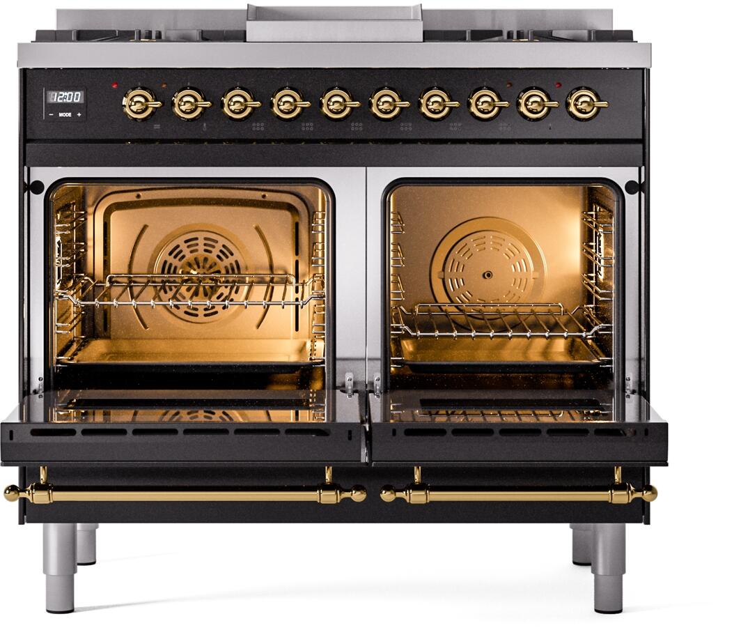 ILVE Nostalgie II 40-Inch Freestanding Natural Gas Dual Fuel Range in Glossy Black with Brass Trim (UPD40FNMPBKG)