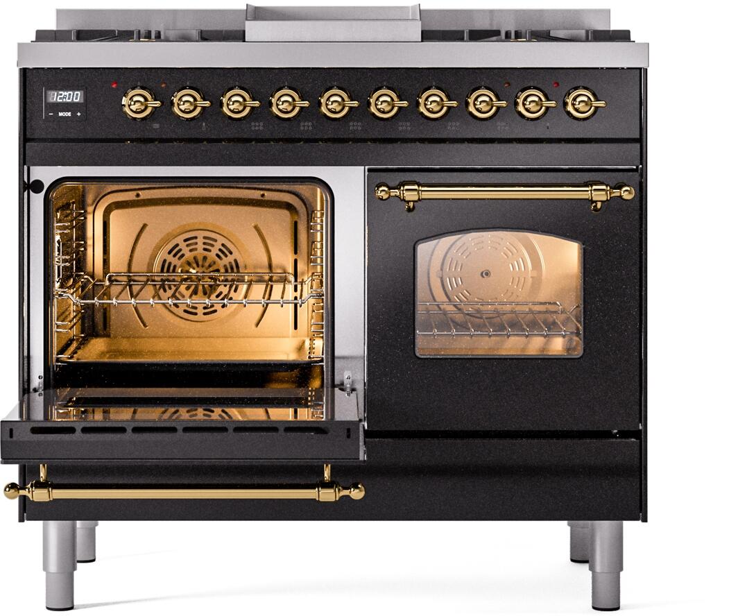 ILVE Nostalgie II 40-Inch Dual Fuel Freestanding Range in Glossy Black with Brass Trim (UPD40FNMPBKGLP)