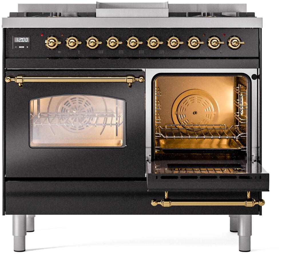ILVE Nostalgie II 40-Inch Freestanding Natural Gas Dual Fuel Range in Glossy Black with Brass Trim (UPD40FNMPBKG)