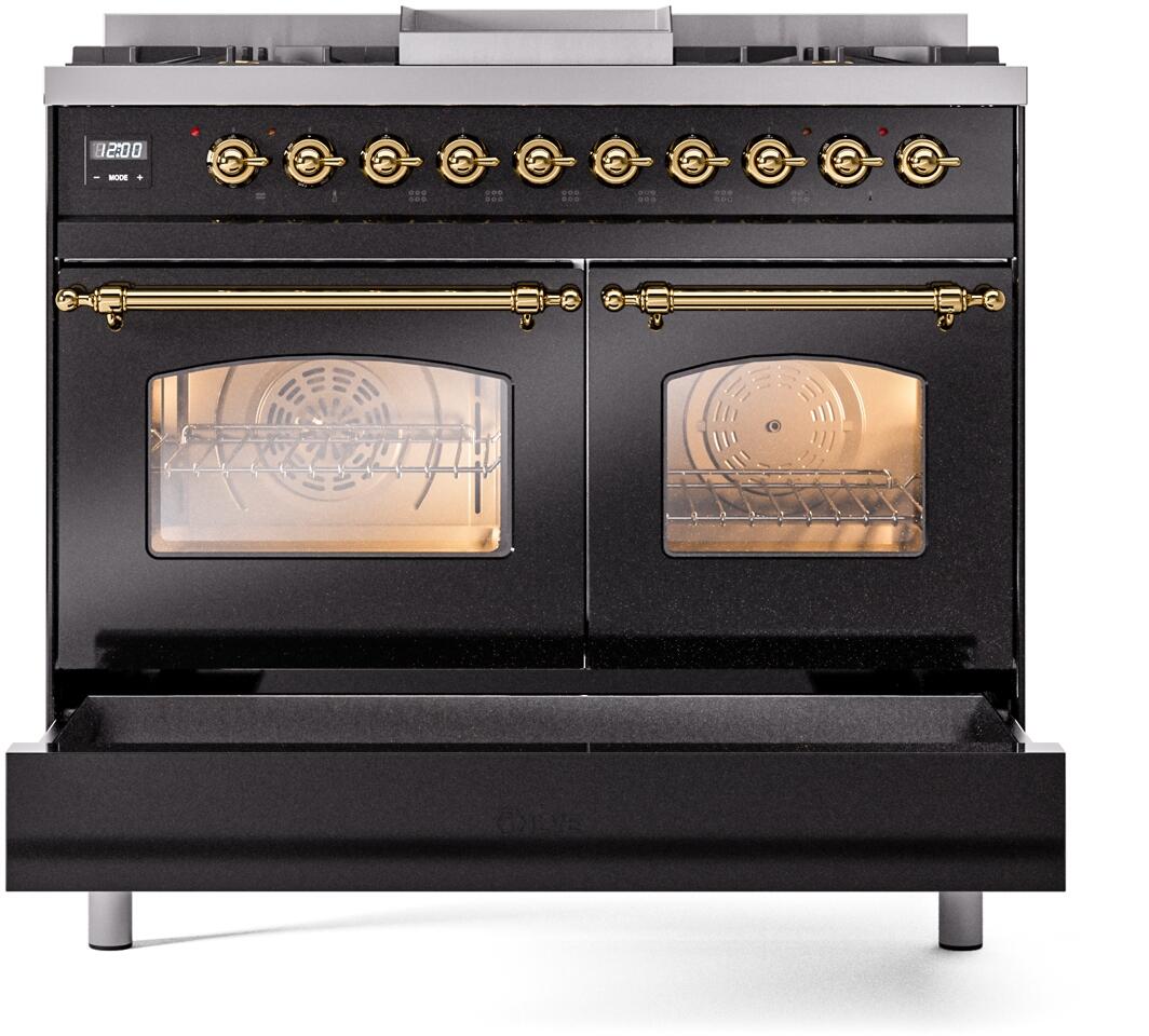 ILVE Nostalgie II 40-Inch Dual Fuel Freestanding Range in Glossy Black with Brass Trim (UPD40FNMPBKGLP)