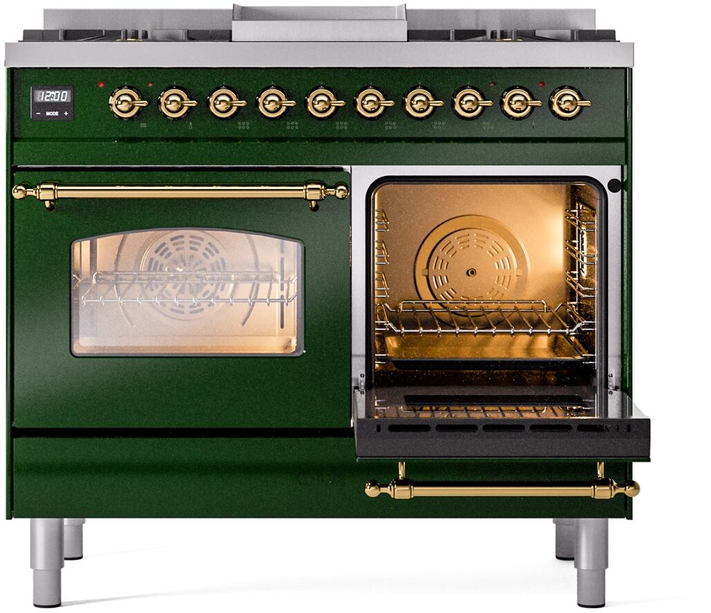 ILVE Nostalgie II 40-Inch Dual Fuel Freestanding Range in Emerald Green with Brass Trim (UPD40FNMPEGGLP)