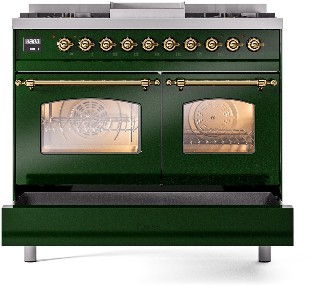 ILVE Nostalgie II 40-Inch Dual Fuel Freestanding Range in Emerald Green with Brass Trim (UPD40FNMPEGGLP)