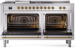 ILVE Nostalgie II 60-Inch Natural Gas Dual Fuel Range with 7 Burners, Griddle, & French Top with Triple Glass Door Oven in Stainless Steel with Brass Trim (UP60FSNMPSSG)