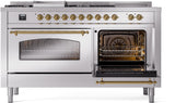 ILVE Nostalgie II 60-Inch Natural Gas Dual Fuel Range with 7 Burners, Griddle, & French Top with Triple Glass Door Oven in Stainless Steel with Brass Trim (UP60FSNMPSSG)