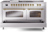 ILVE Nostalgie II 60-Inch Natural Gas Dual Fuel Range with 7 Burners, Griddle, & French Top with Triple Glass Door Oven in Stainless Steel with Brass Trim (UP60FSNMPSSG)