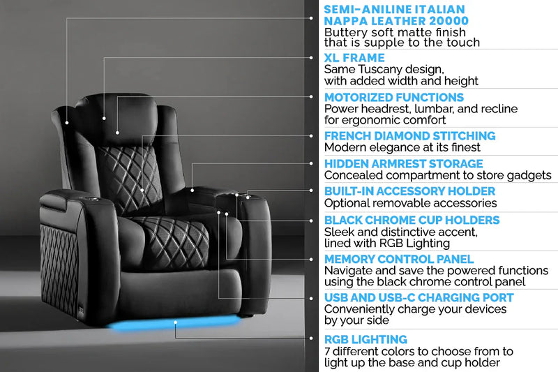 Valencia 2025 New Tuscany XL Luxury Leather Home Theater Seating Row of 6, Graphite