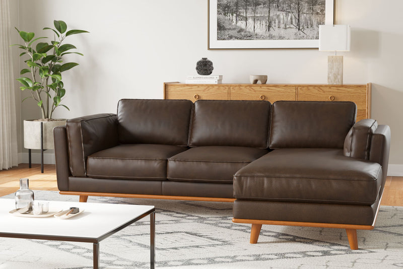 Valencia Artisan Top Grain Leather Three Seats with Right Hand Chaise Sofa, Chocolate